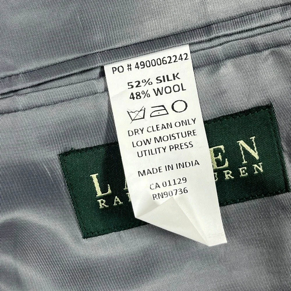 Lauren Ralph Lauren Silk Wool Two-Button Blazer Mens 46R Grey Plaid Glen Check
